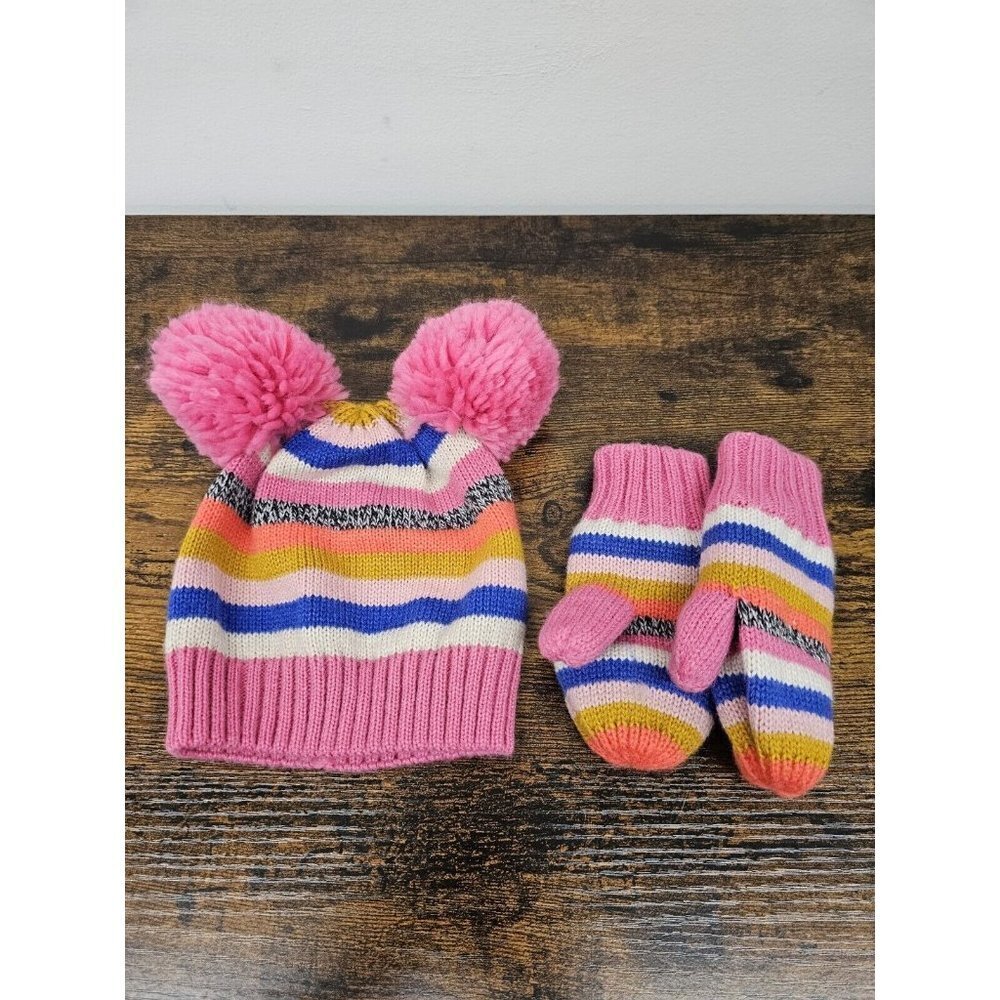 Gap Factory Knit Double Pom Beanie Hat And Mittens Set Girls Size S/M 2-3 Years